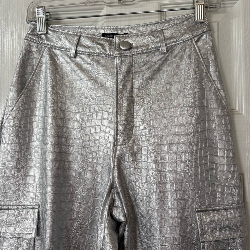 NAKED WARDROBE The Crocodile Faux Leather Joggers Metallic Silver Size Small NWT - Picture 3 of 13